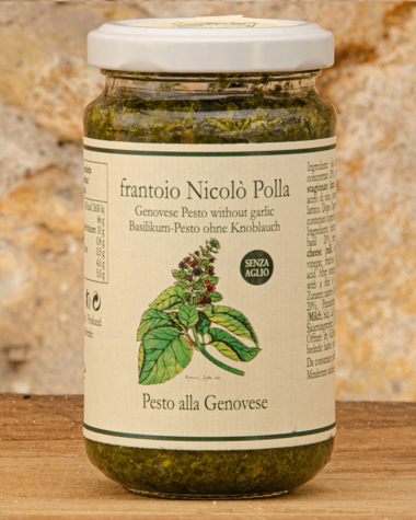 Pesto alla Genovese senza Aglio in Olio Extra Vergine di  Oliva Polla Picture of Genovese Pesto without Garlic 170g